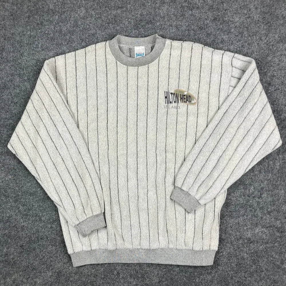 Carolina Smile Sweatshirt Mens Size L Gray‎ Hilton Head USA Striped Vintage Crew